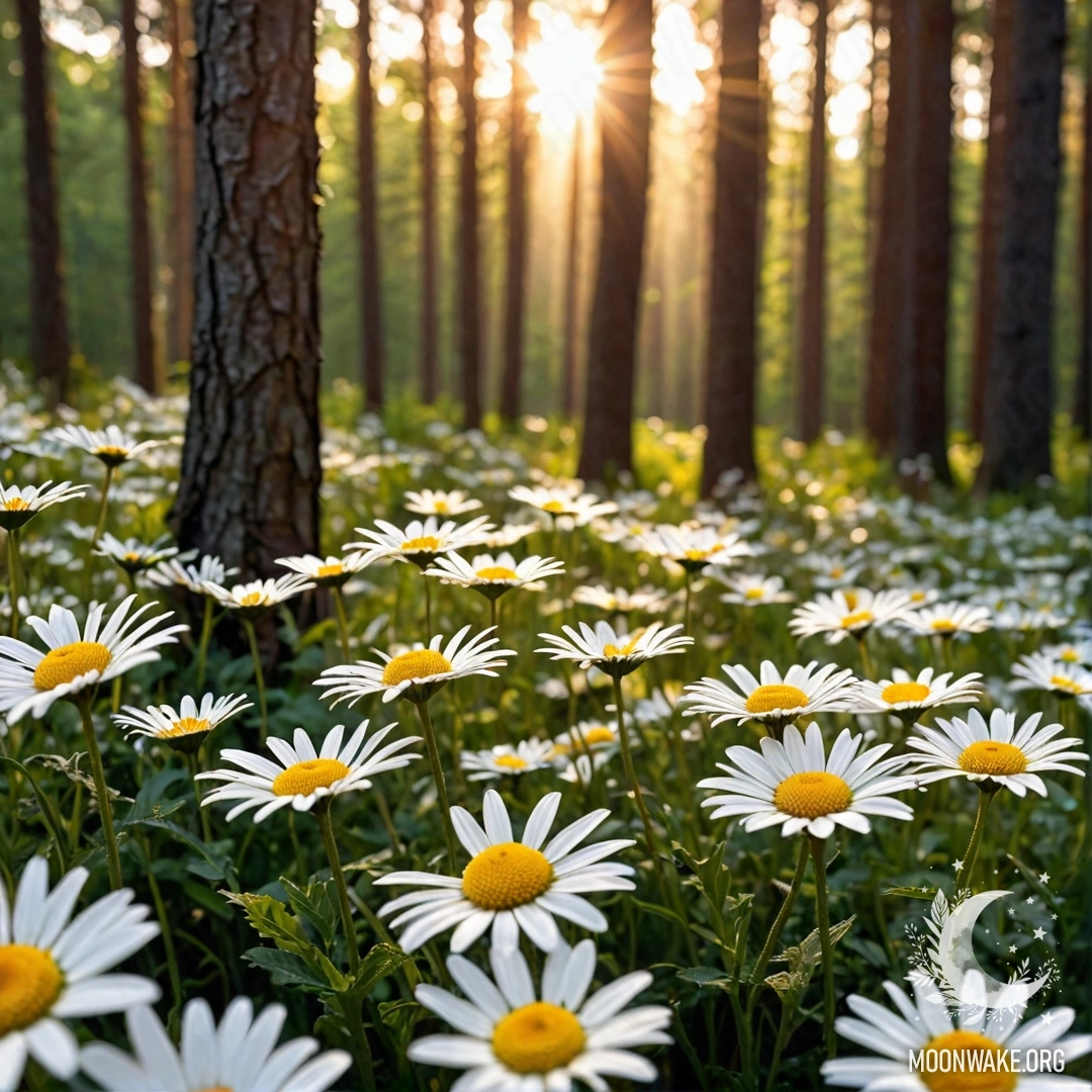 Close-up of daisies illuminated by the sunset in a forest.
