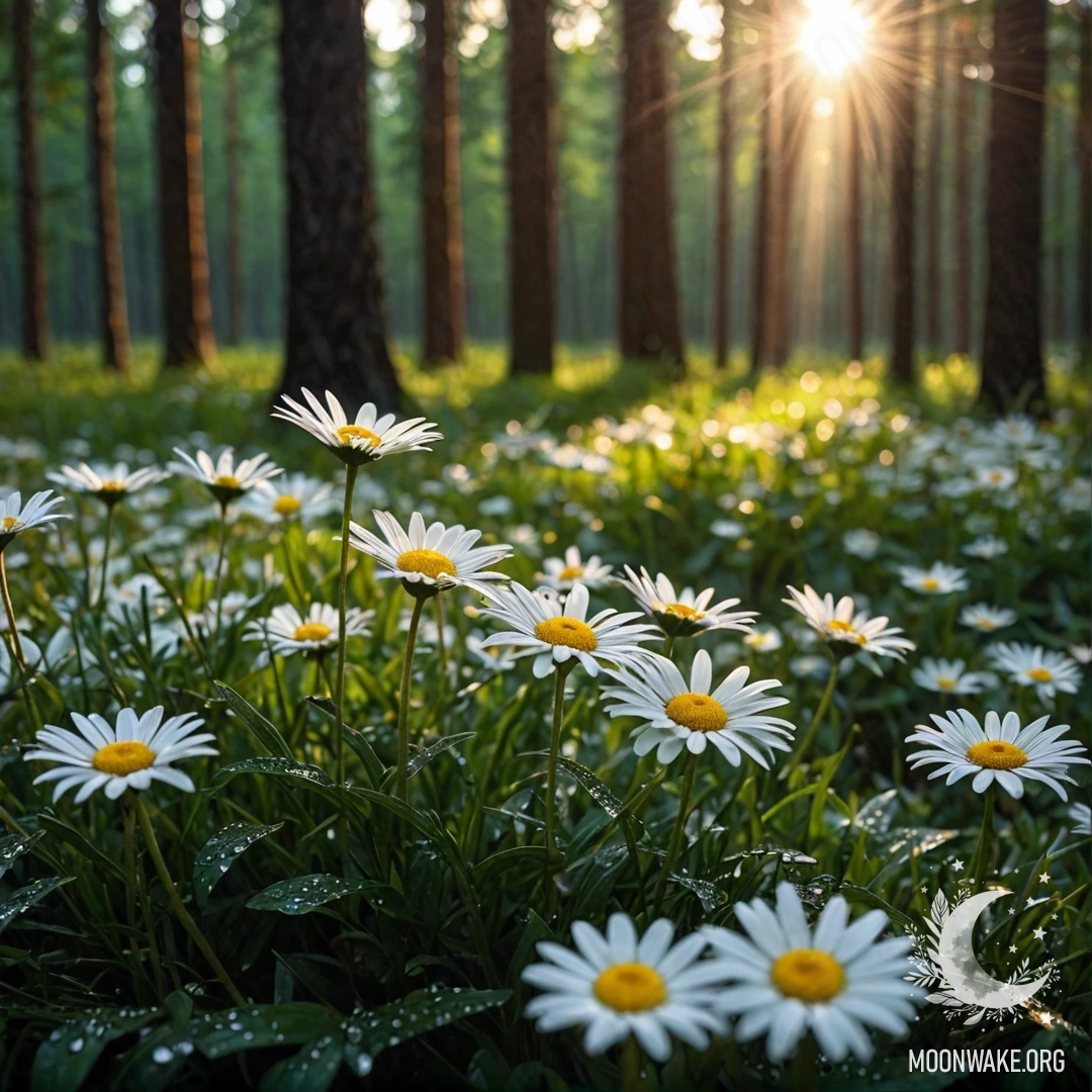 Photorealistic close-up of daisies under rain with sunset in the forest behind trees.