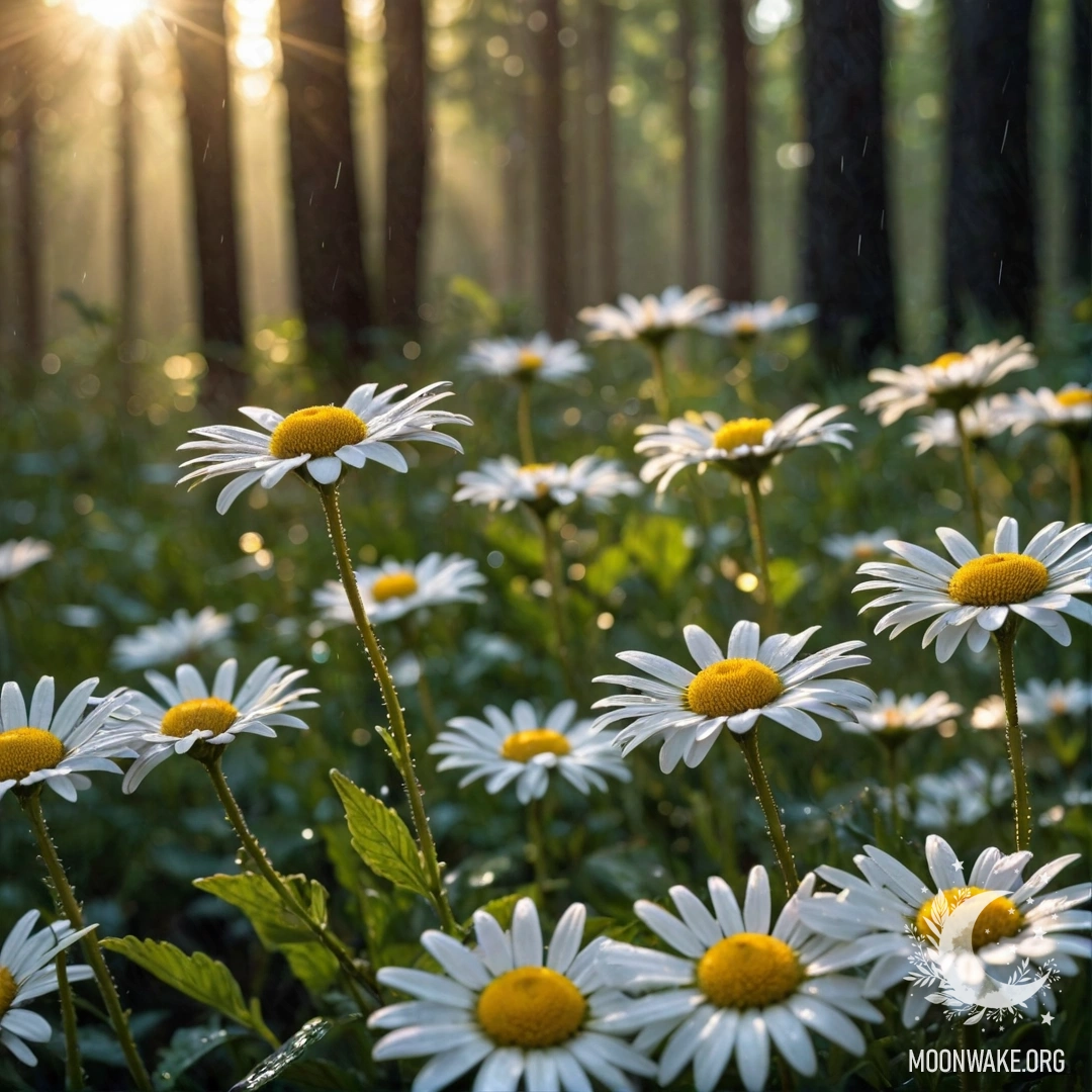 Close-up of daisies drenched in rain with a backdrop of trees during sunset.