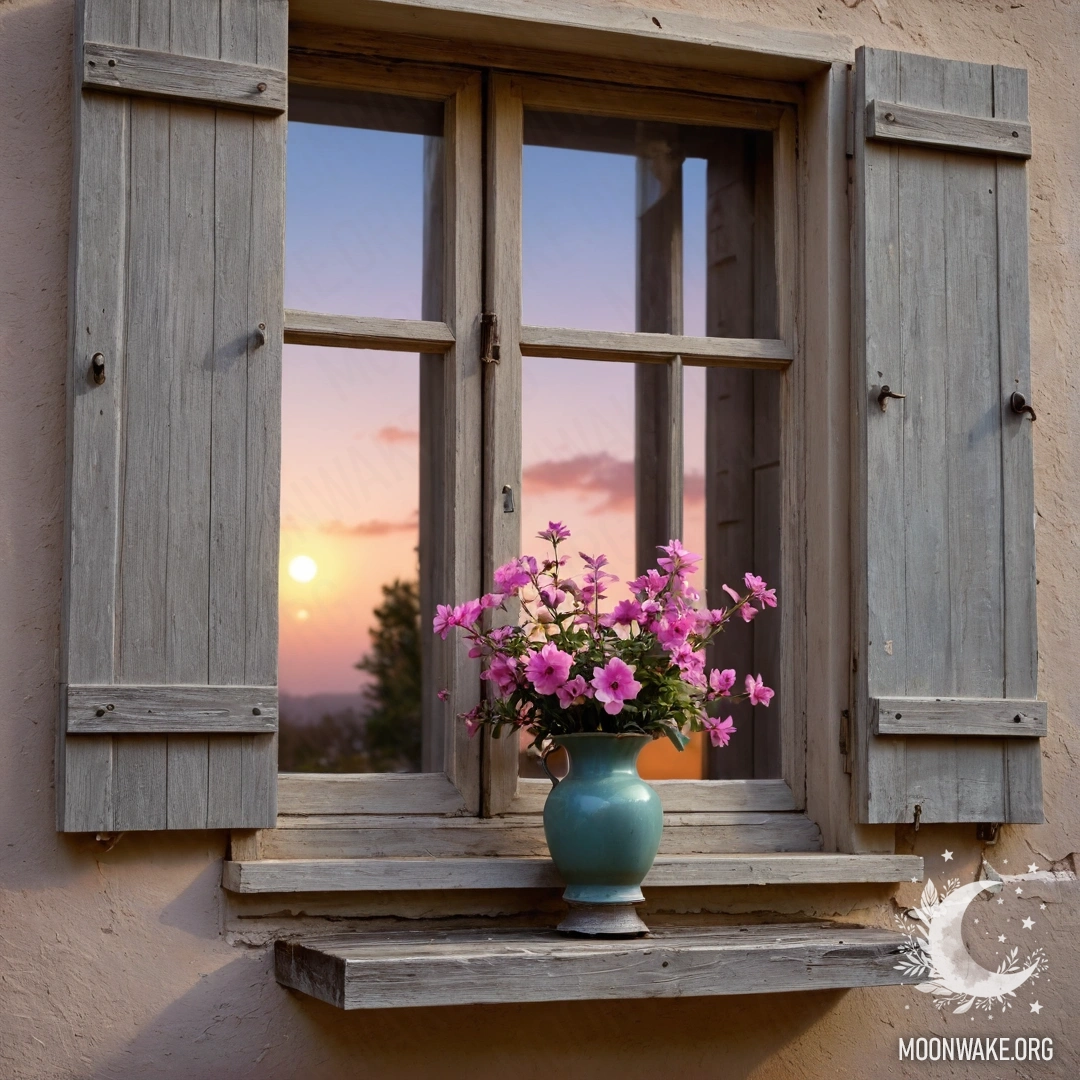 A shabby wooden window framed by pink flowers and a kerosene lamp hanging above, bathed in sunset light.