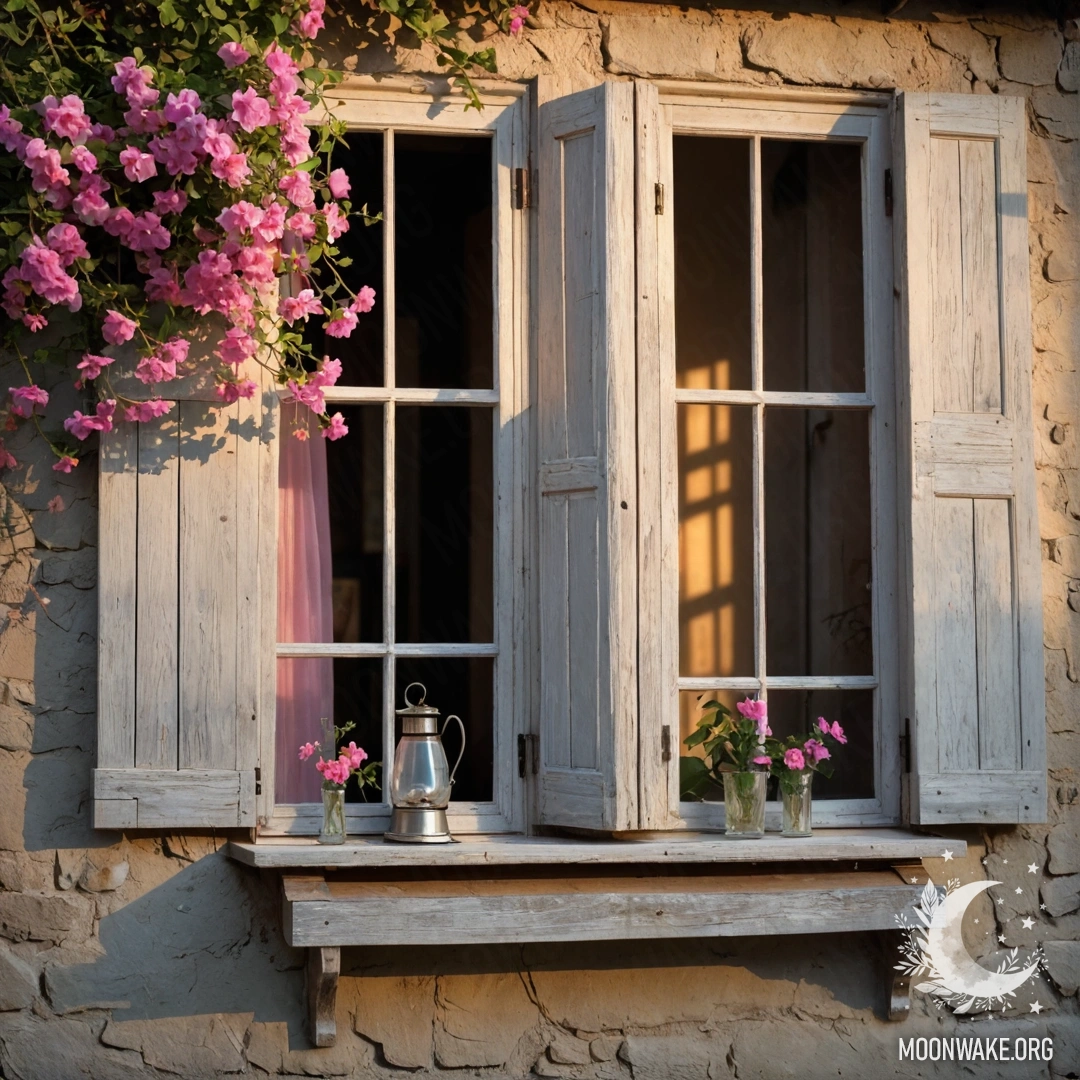 A shabby wooden window and shutters adorned with pink flowers and a glowing kerosene lamp above during sunset.