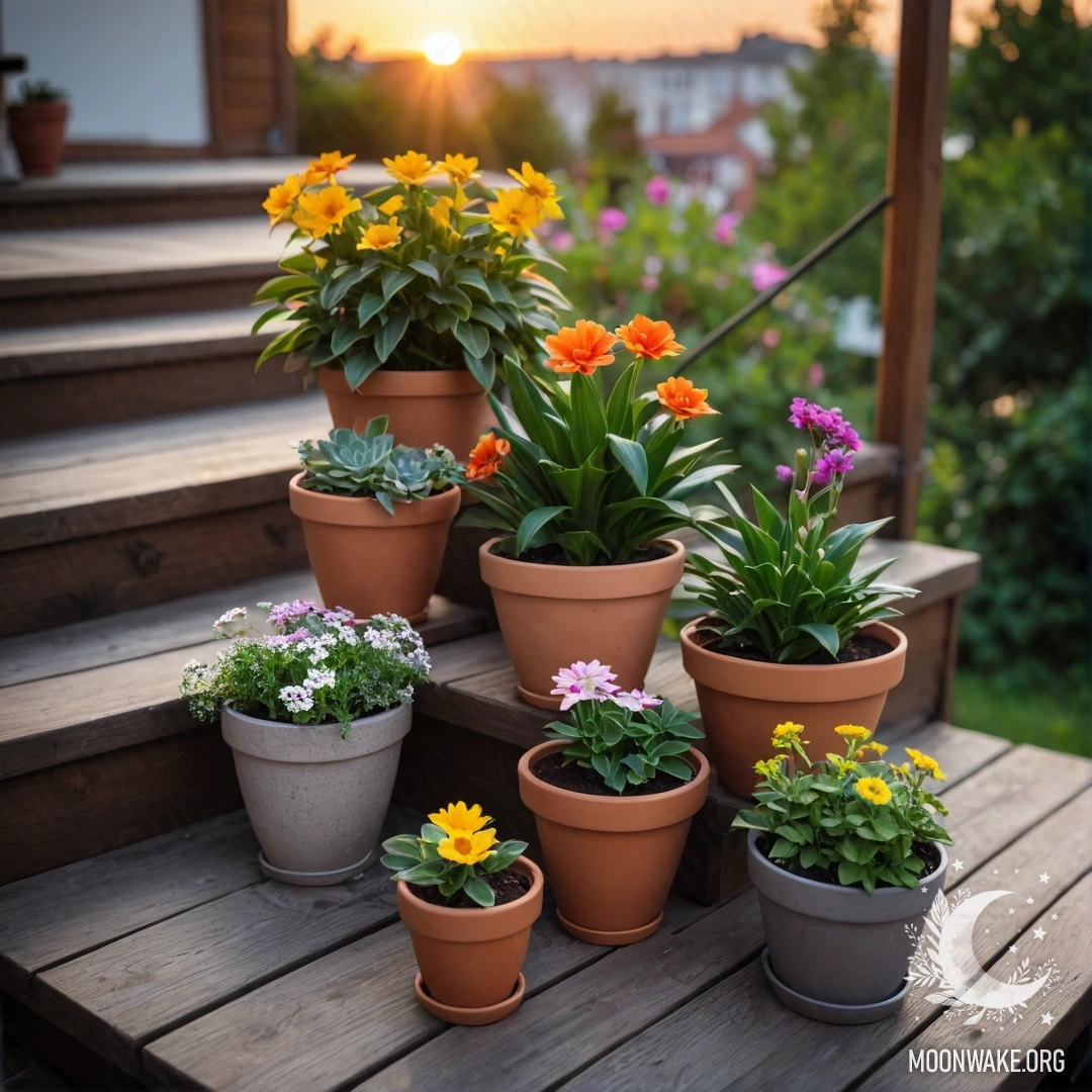 A wooden staircase adorned with flowerpots during sunset.