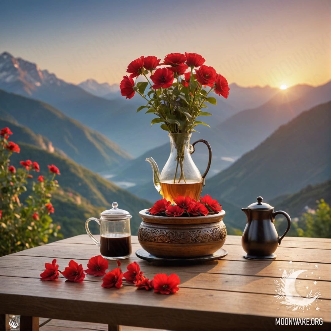 A wooden table set against mountains at sunset, with a jar of red flowers and a coffee pot with cups.