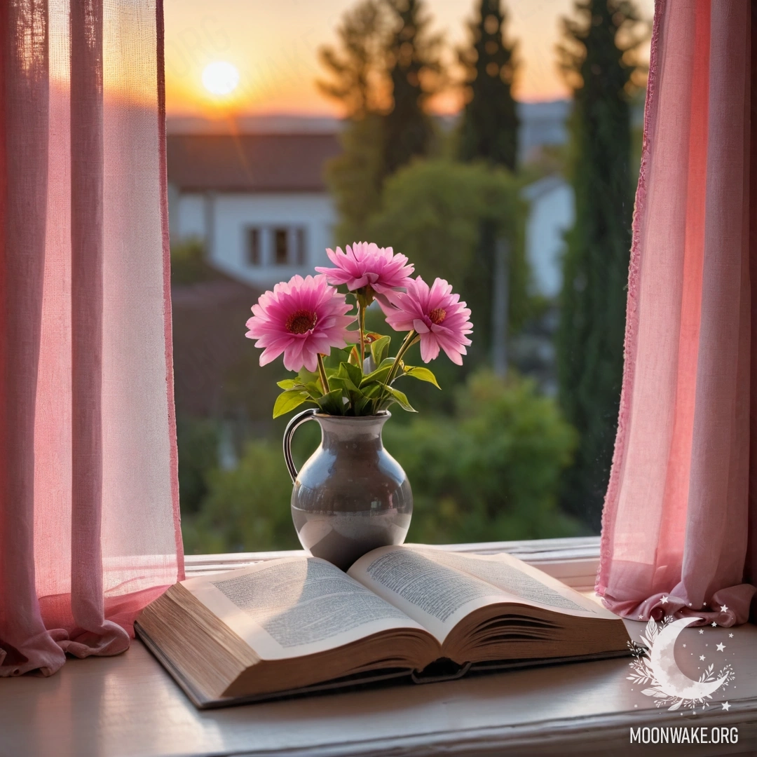 A wooden window sill adorned with an old book and a gray vase filled with pink flowers.