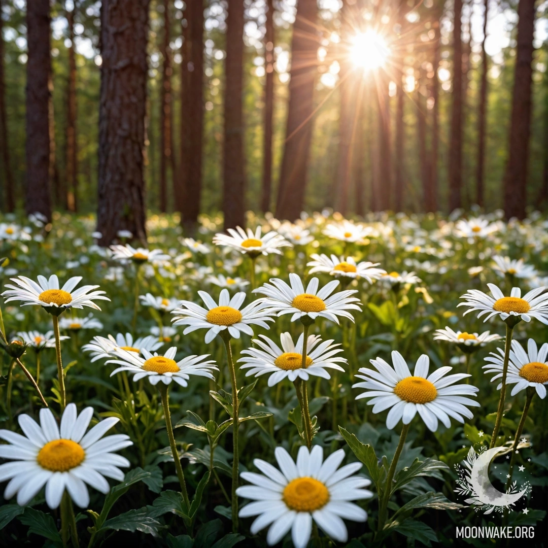 Close-up of daisies illuminated by sunset in a forest setting.