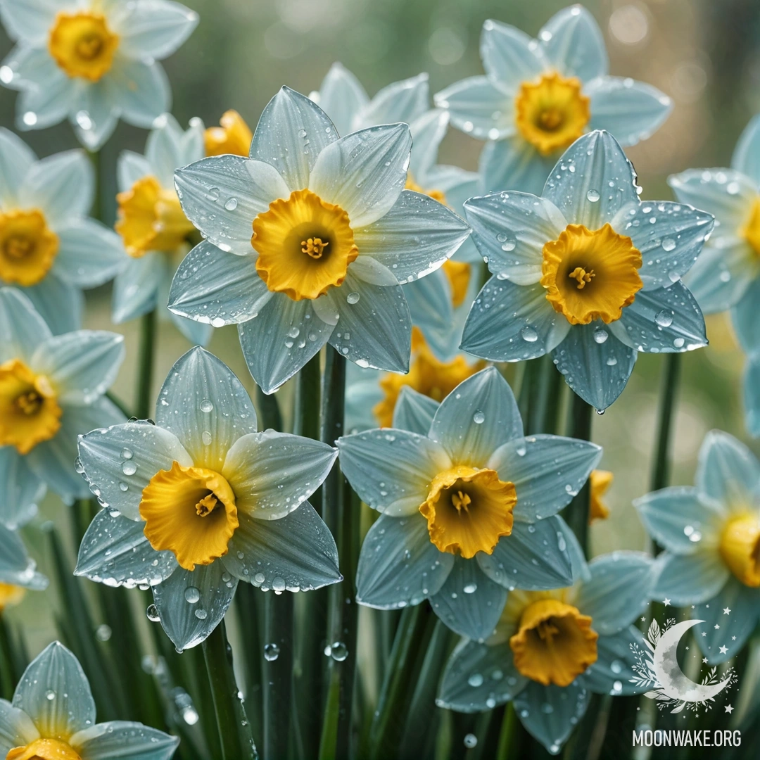 A delicate bouquet of narcissus flowers in aquamarine color, adorned with drops of dew, basking in the sunny rays.