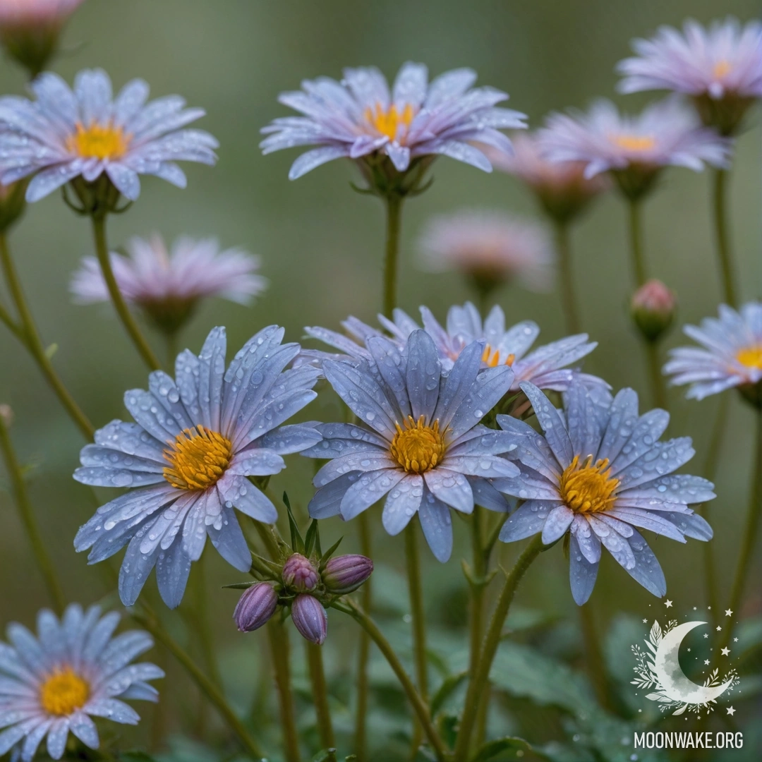 Sweet Aster with Dew Drops A sweet aster adorned with dew drops against a greenish blue background.