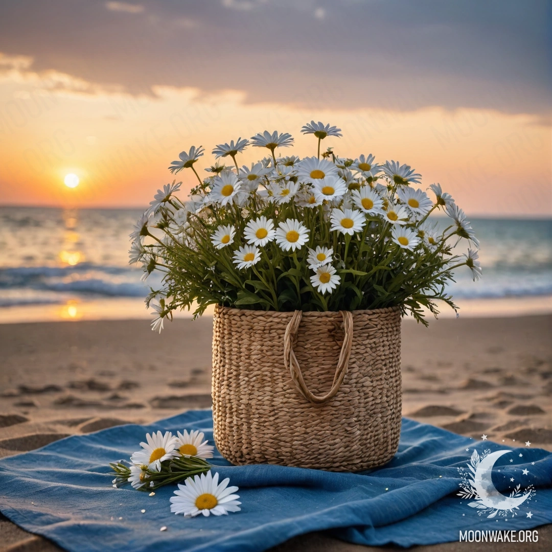 A straw bag with a blue tablecloth and a bouquet of daisies on a sandy beach during sunset with rain in the background.