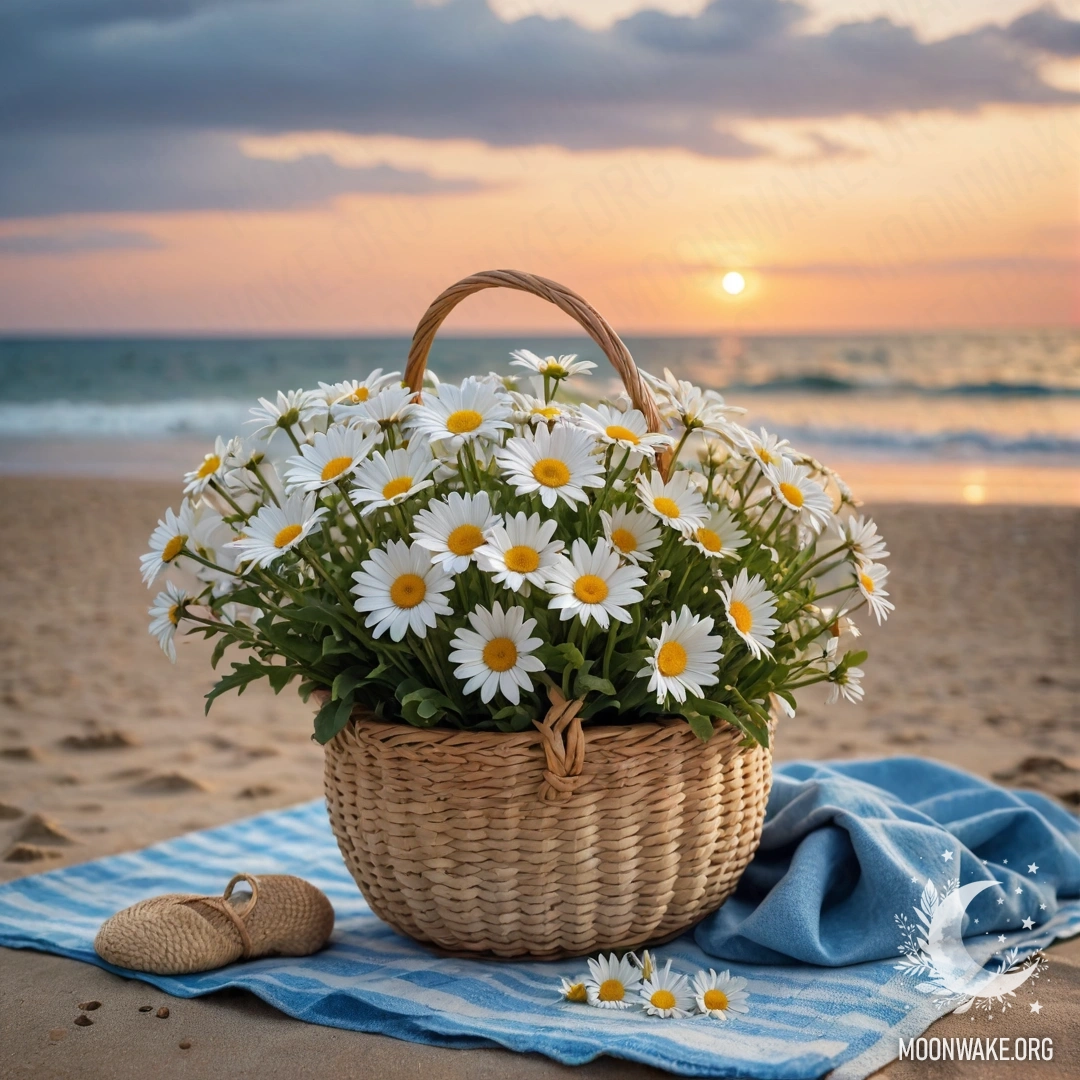 A straw bag with a blue tablecloth and daisies on a sandy beach at sunset, with rain in the background.
