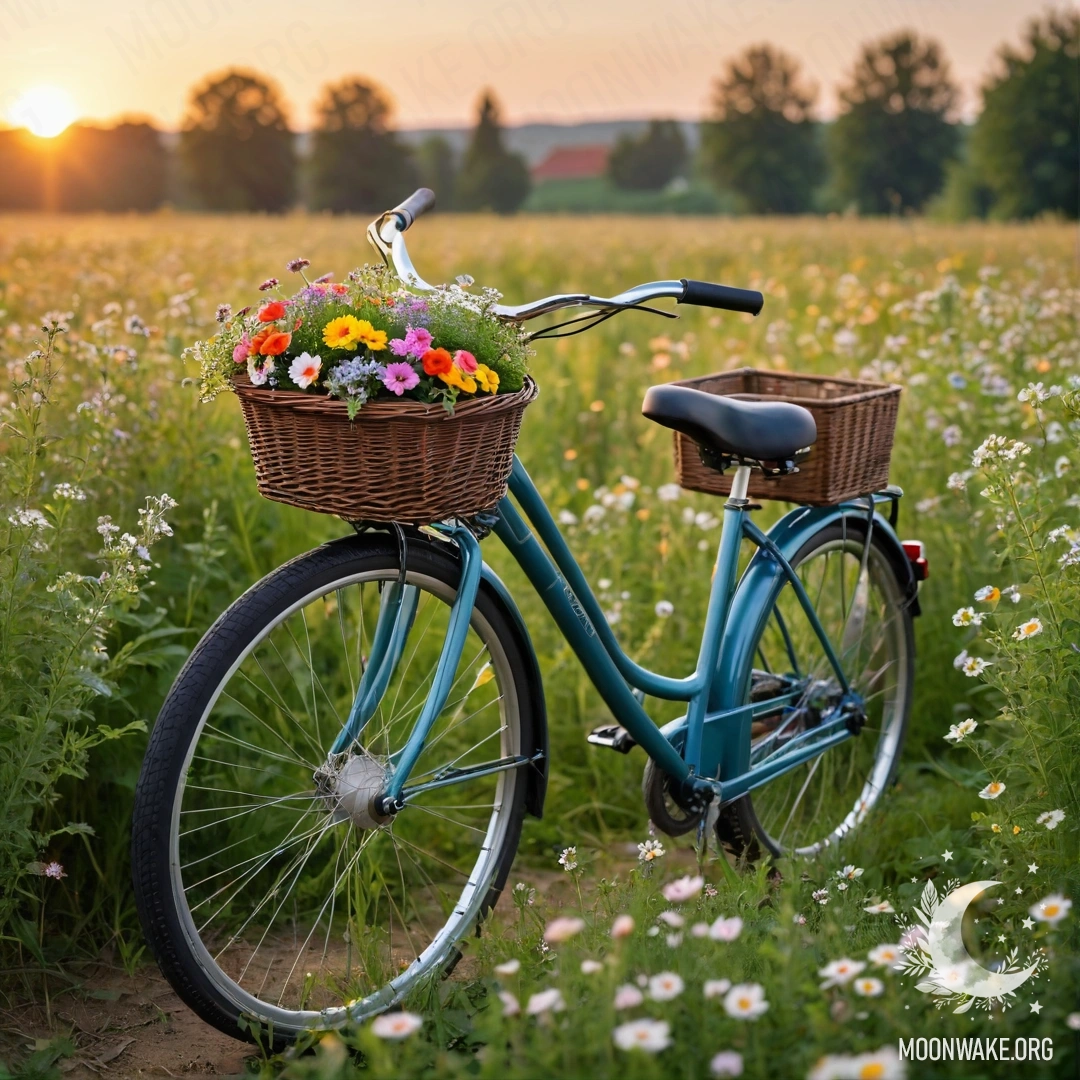 A bicycle with a flower basket in a field of flowers during sunset.