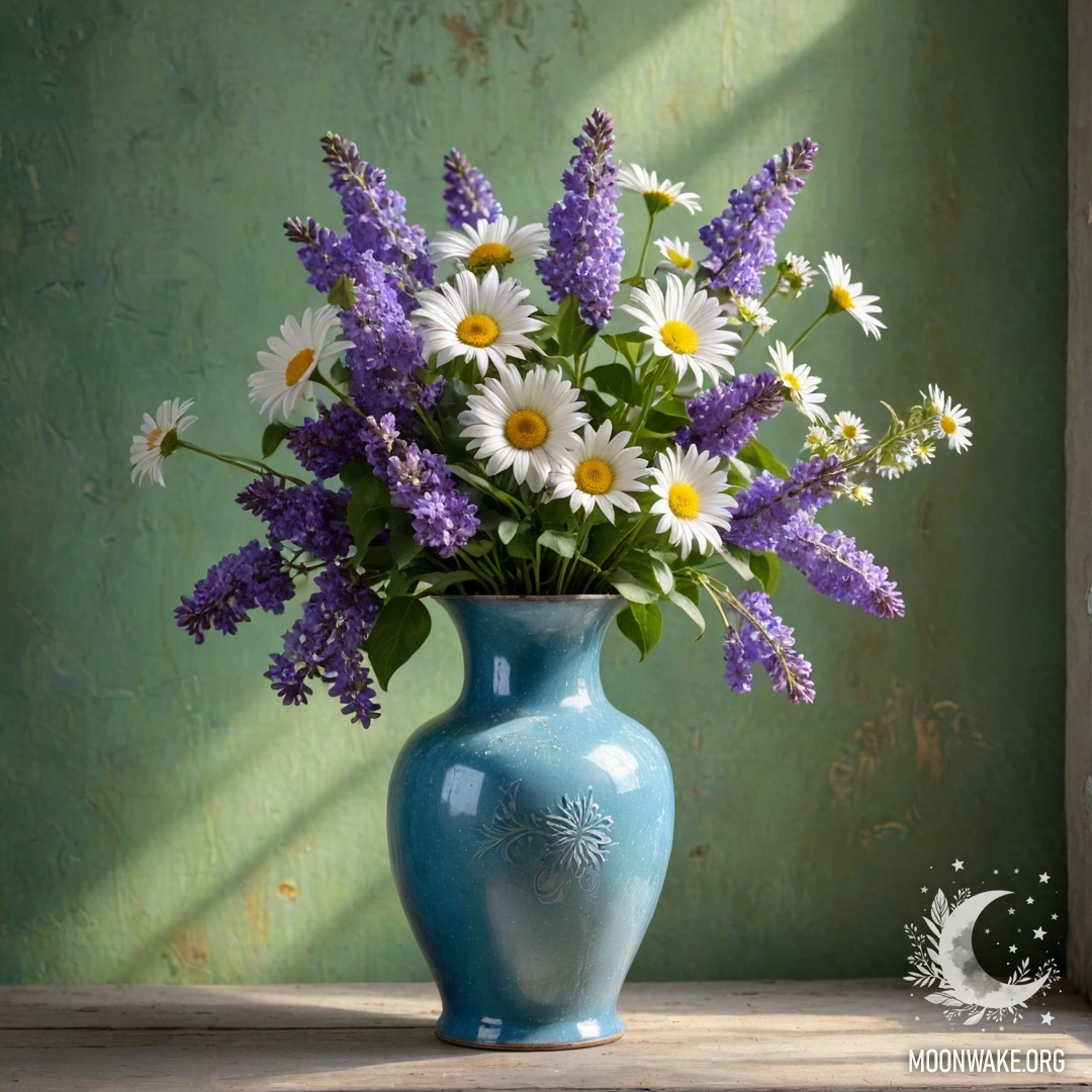 Sweet Blue Vase with Daisies and Lilacs A shabby blue vase filled with daisies and lilacs against a greenish wall with sun rays