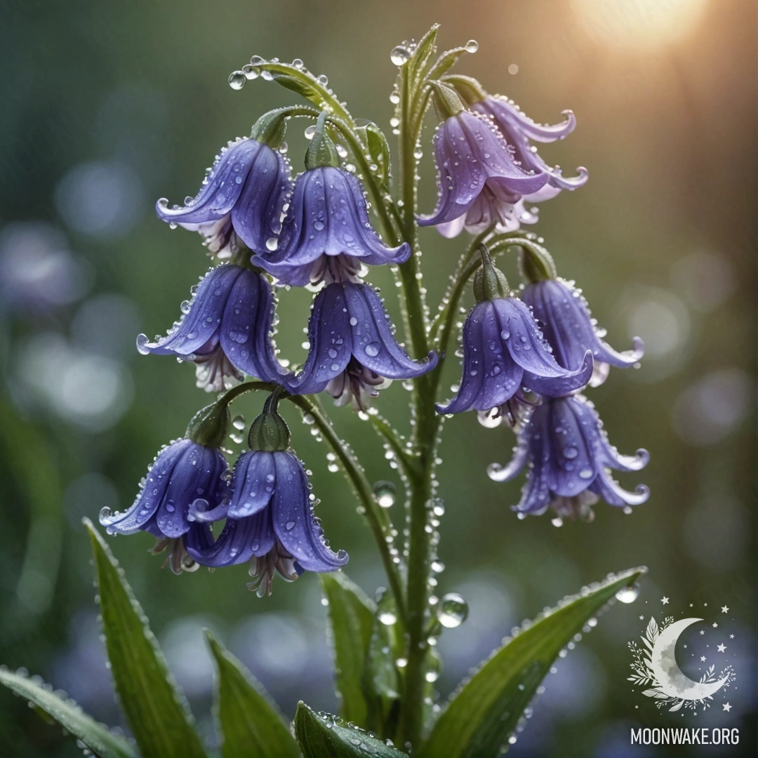 A delicate bouquet of bluebells adorned with dew drops, captured at sunset.