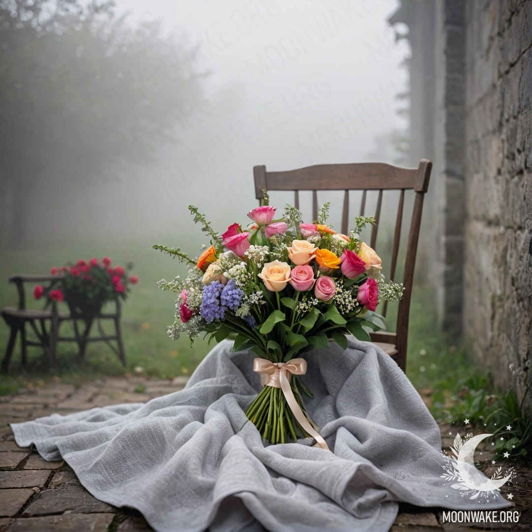 A chair draped with a blanket, adorned with a bouquet of flowers against a shabby wall in heavy fog.