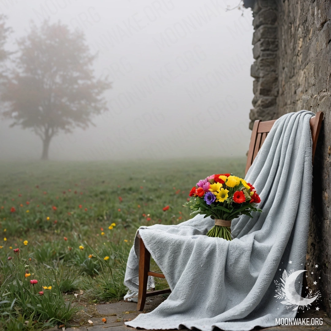 A chair draped with a blanket, topped with a bouquet of flowers against a shabby wall in a dense fog.