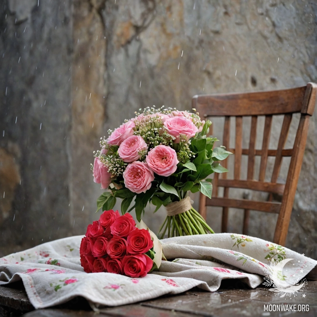 Sweet Bouquet on a Rainy Day A photorealistic image of a chair against a shabby wall, with a blanket and a bouquet of flowers resting on it, while rain falls gently.