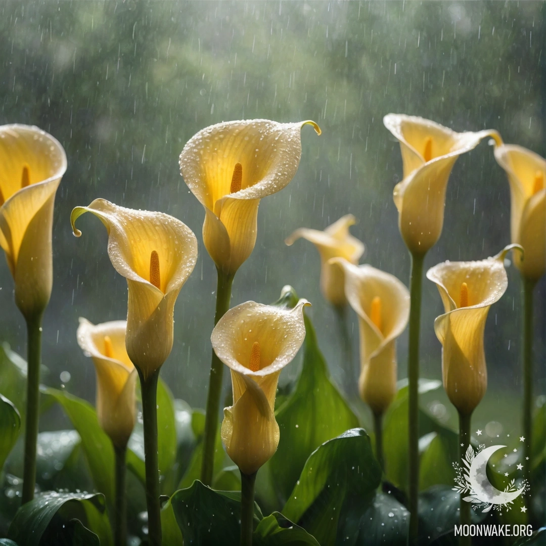 Sweet Calla Lilies in the Mist A photograph of yellow calla lilies under rain and mist.