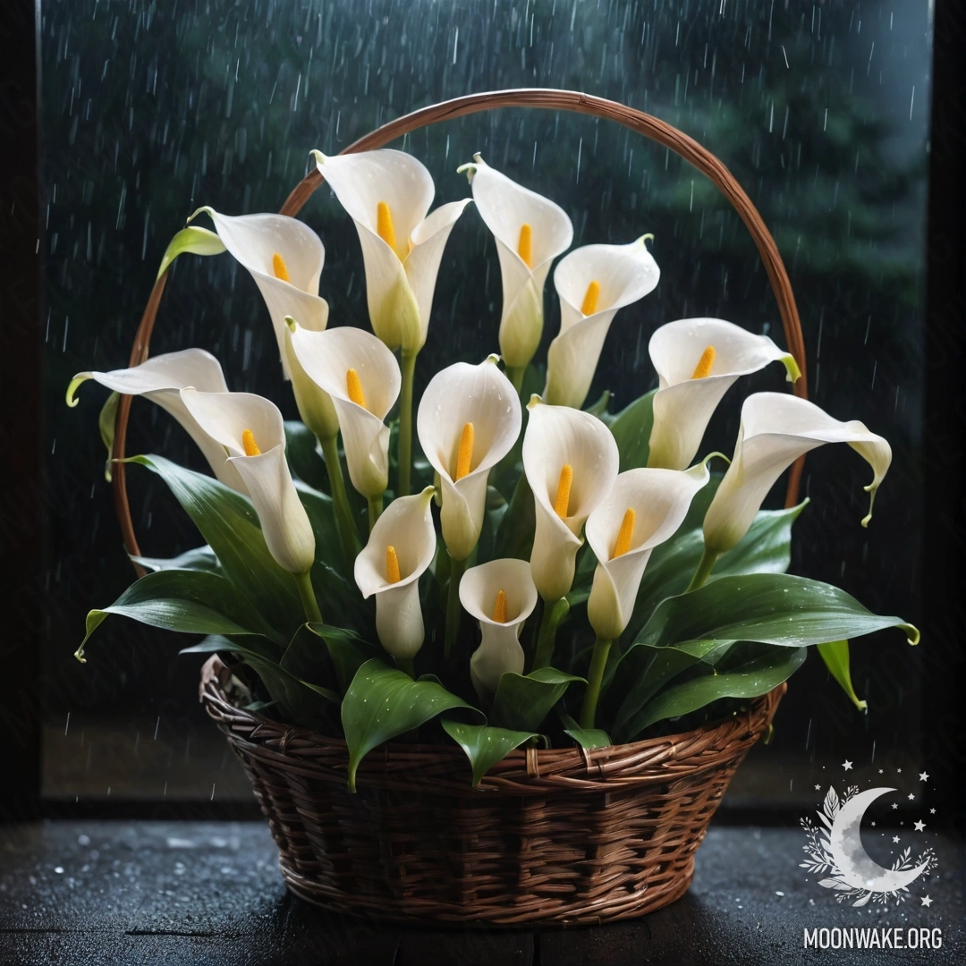 A basket of cream yellow calla lilies surrounded by mist and rain at night.