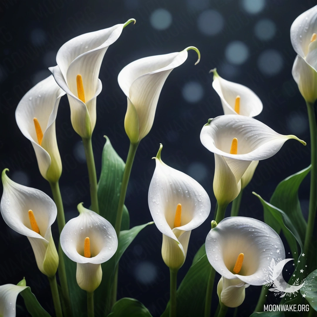 Sweet Calla Lilies in Misty Night A dreamy depiction of sweet calla lilies surrounded by mist at night, in pastel colors.