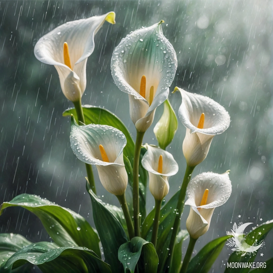 A collection of delicate mint-colored calla lilies drenched in rain, illuminated by sunny rays with sparkling glitter.