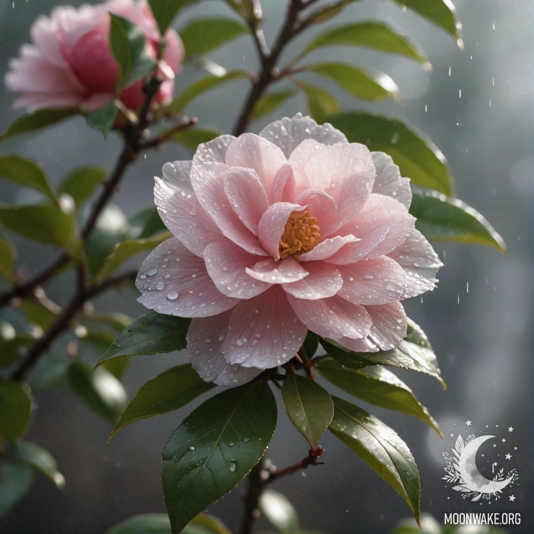 A delicate camellia flower surrounded by mist and rain with sunny rays.