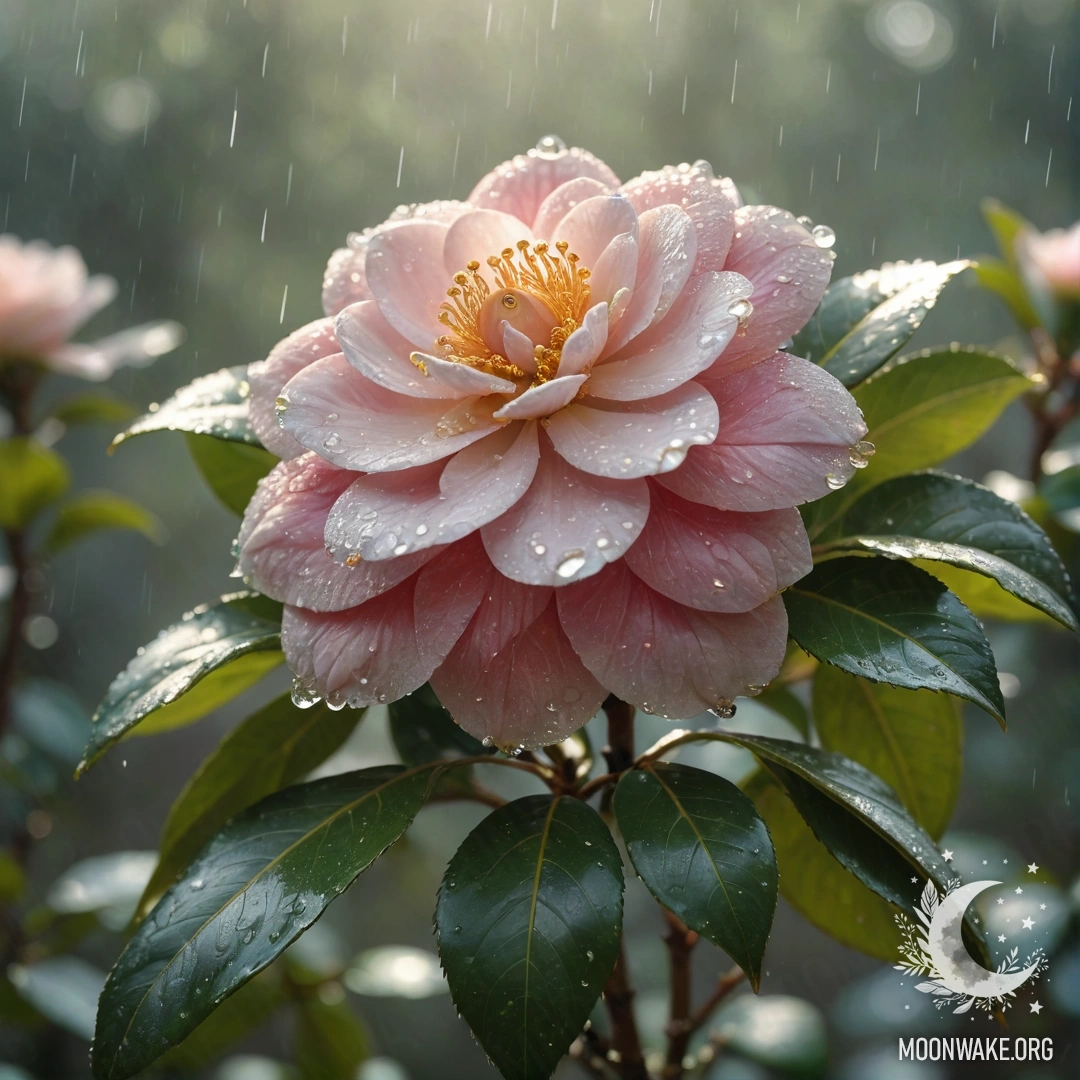 Sweet Camellia in the Mist A golden sweet camellia blooming in the mist, surrounded by gentle rain and sunlight.