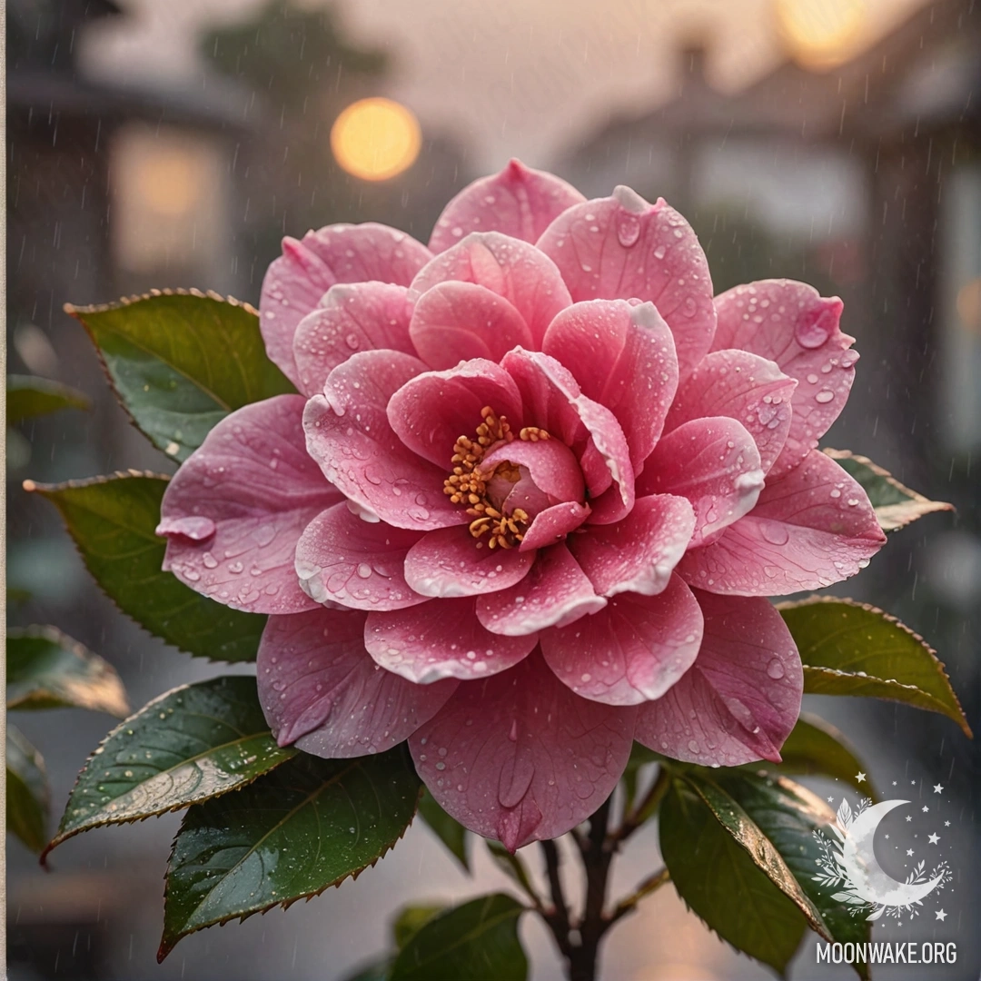 A fuchsia-colored camellia blossoms amidst mist and rain during sunset.