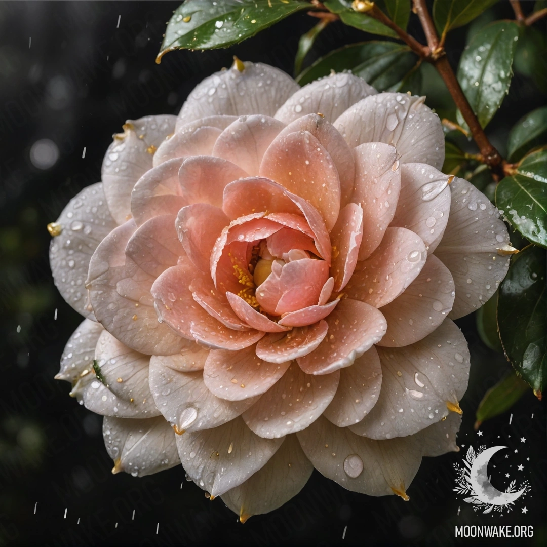A golden camellia flower glistening in the rain at night.