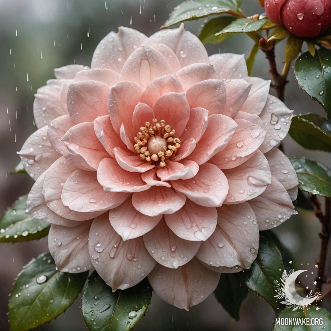 Sweet Camellia Under the Rain A watercolor painting of a sweet camellia flower in coffee color, adorned with rhinestones, under the rain.