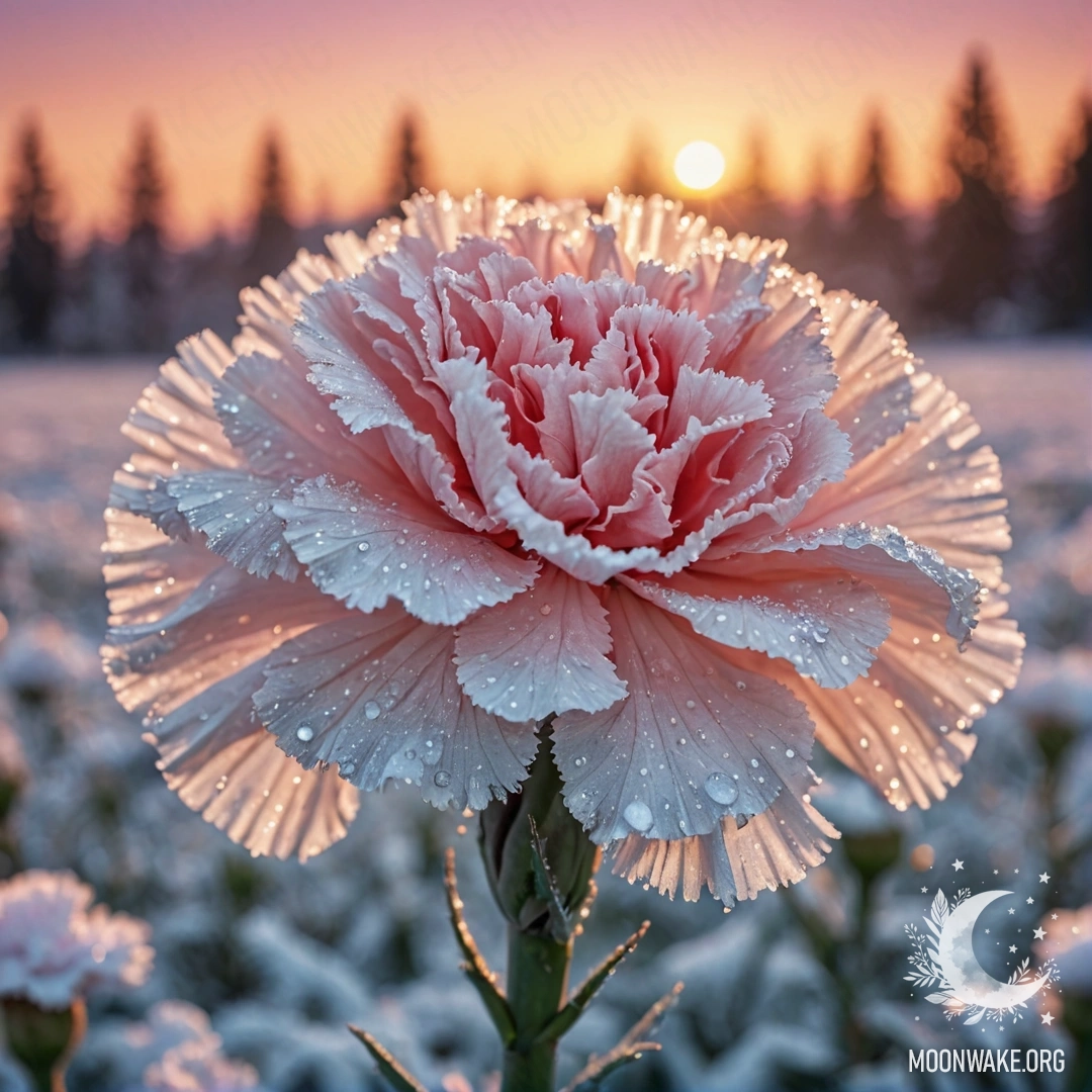 A delicate sweet carnation covered in frost at sunset, adorned with sequins.