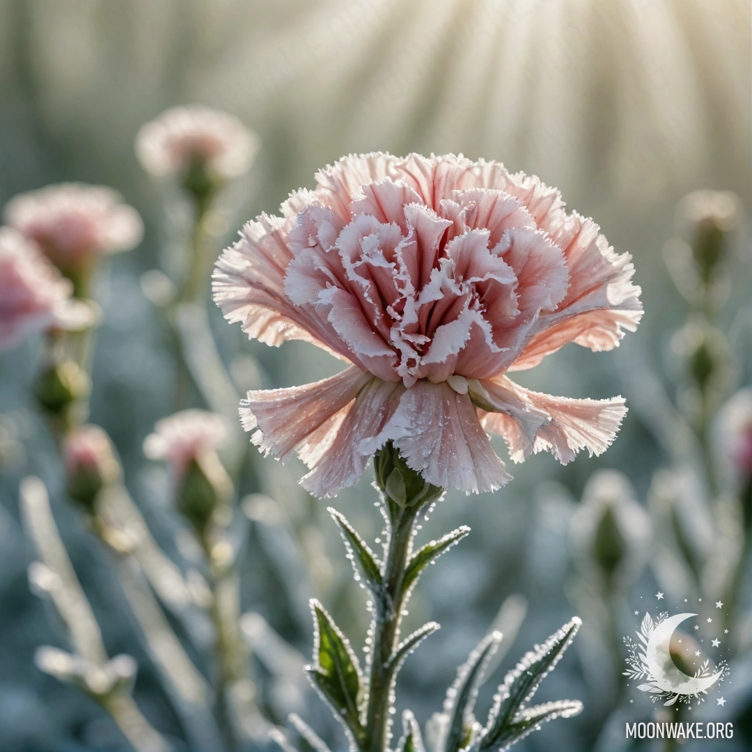 A delicate carnation flower surrounded by frost, illuminated by sunlight.