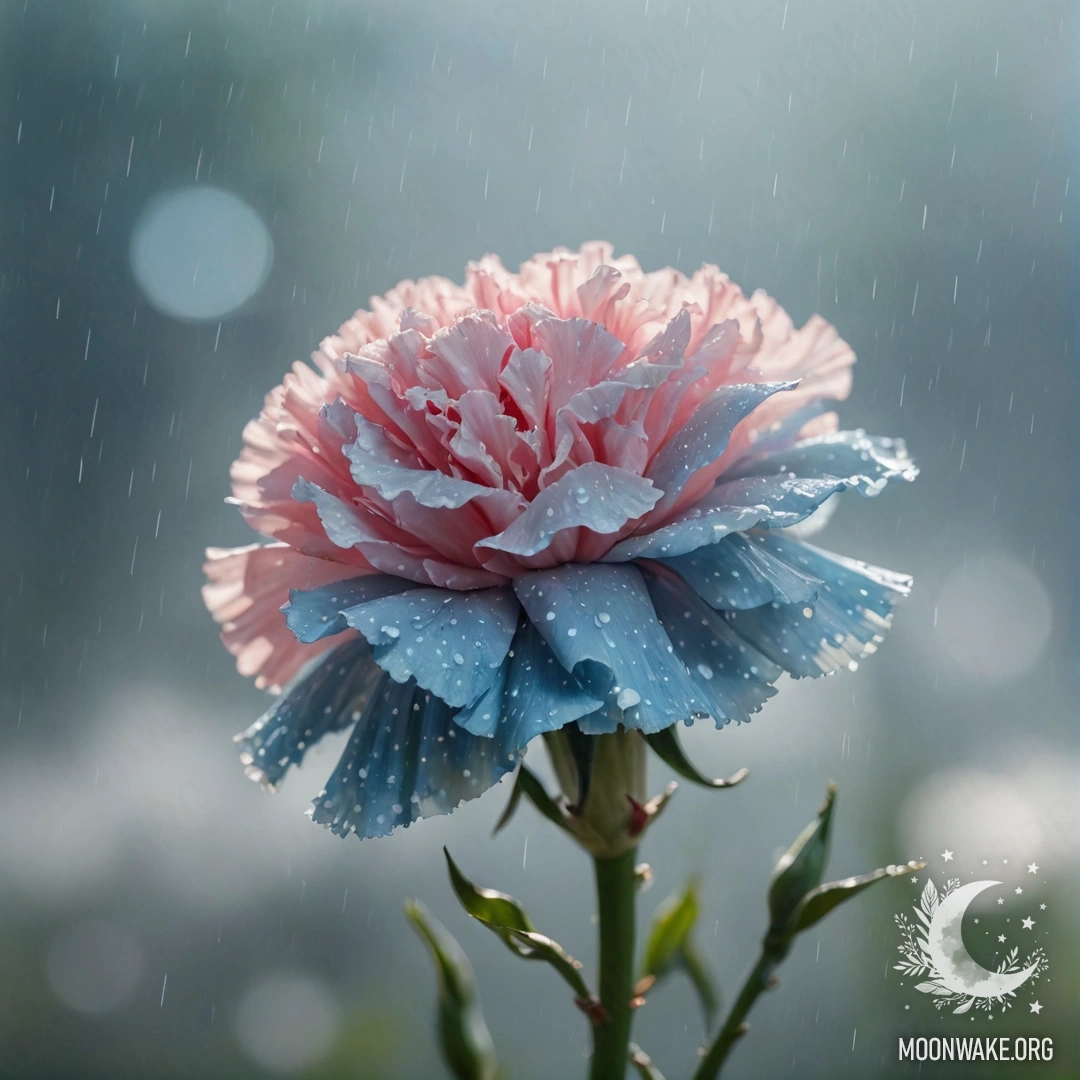 Sweet Carnation in Misty Rain A delicate blue carnation surrounded by mist and rain, illuminated by sunny rays.