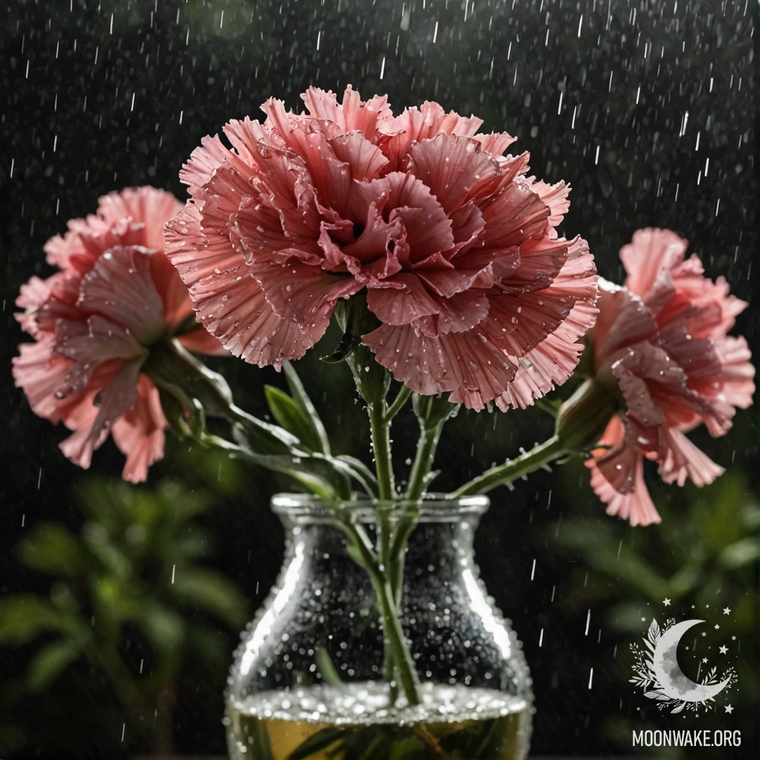 Sweet Carnation Under Rain at Night A sage-colored vase containing a sweet carnation drenched in rain under the night sky.