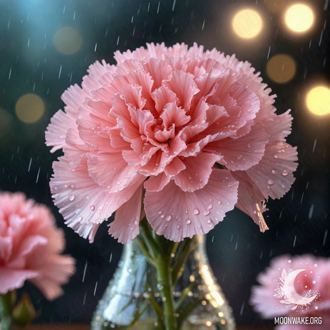 A delicate pastel-colored carnation in a vase, illuminated at night by raindrops.