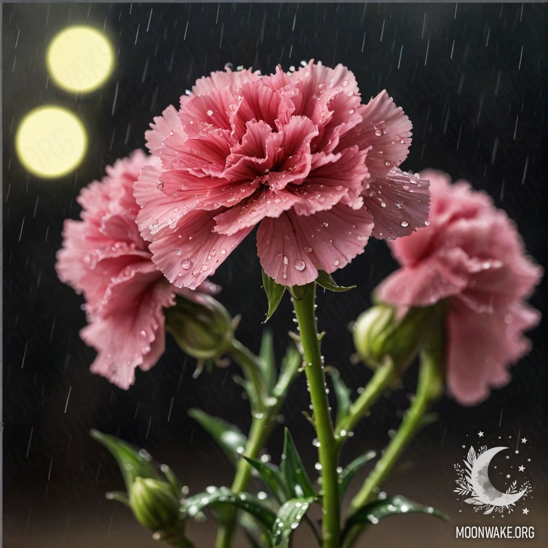 A lime-colored carnation glistening under raindrops at night.