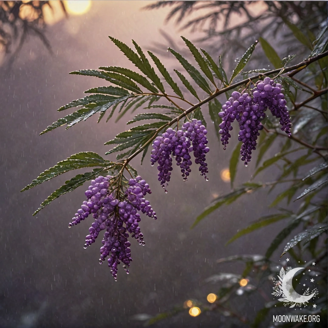 A vibrant bouquet of purple chamomile under the rain at sunset.
