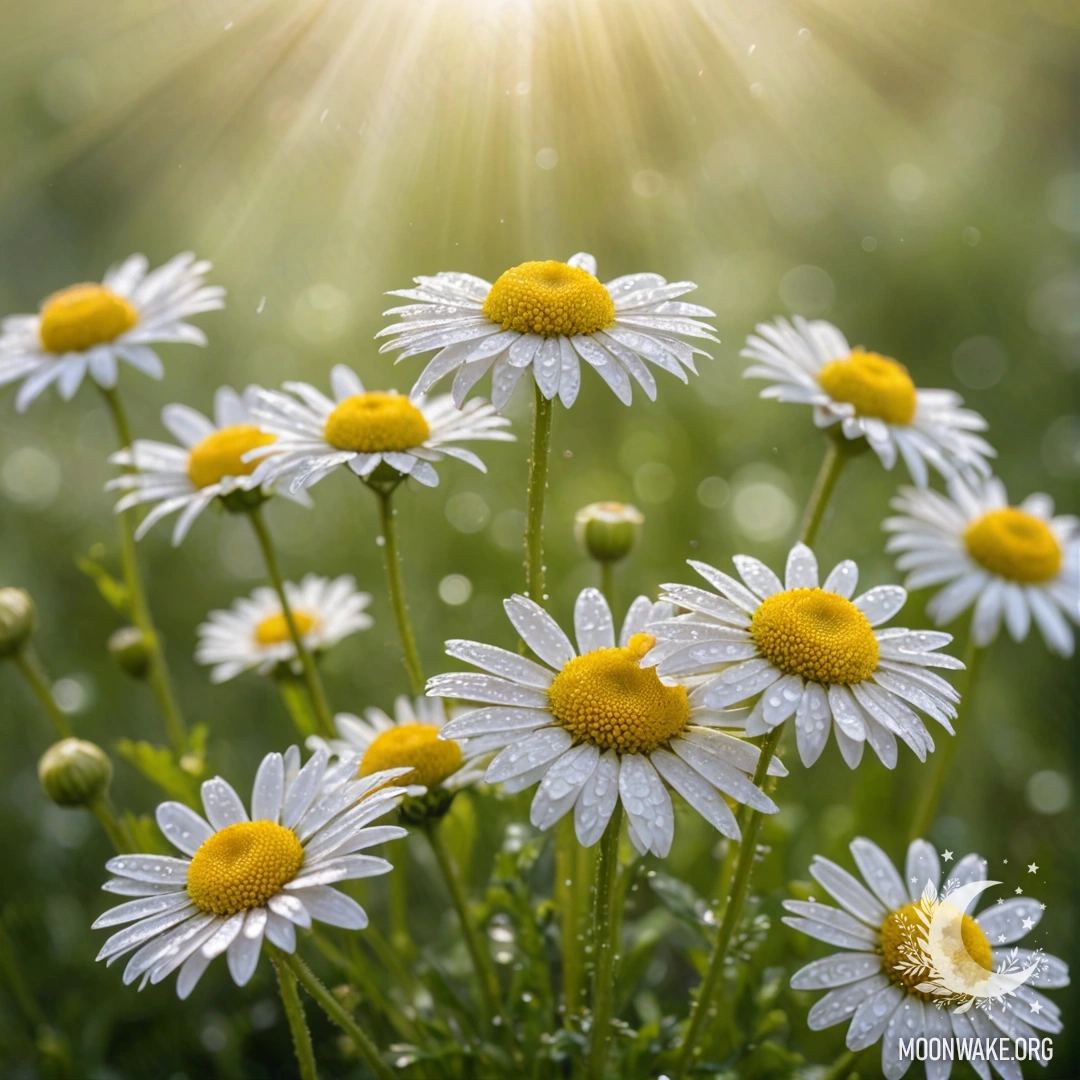 A delicate bouquet of chamomile flowers adorned with dew drops, illuminated by sunny rays.