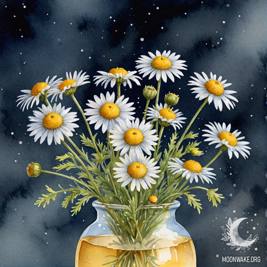 Sweet Chamomile in Frosted Night A vase of golden chamomile flowers covered in frost at night.