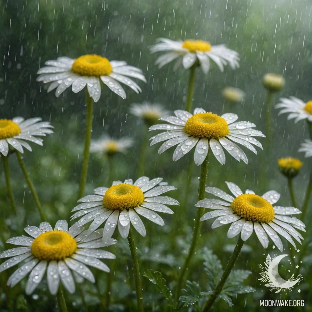 Sweet Chamomile in Mist with Rhinestones A delicate chamomile flower surrounded by mist and raindrops, adorned with lime-colored rhinestones.