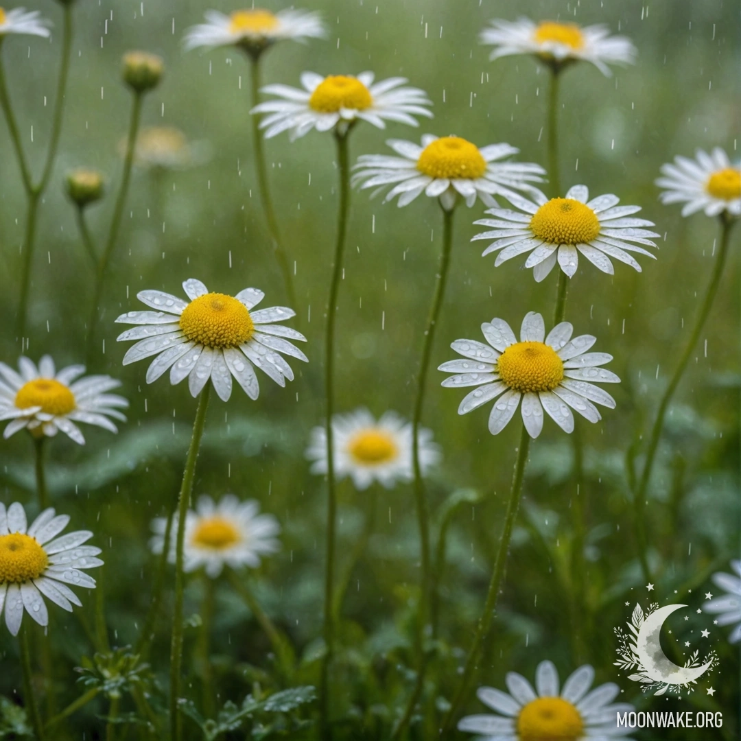 A serene scene of delicate chamomile flowers enveloped in mist and rain.