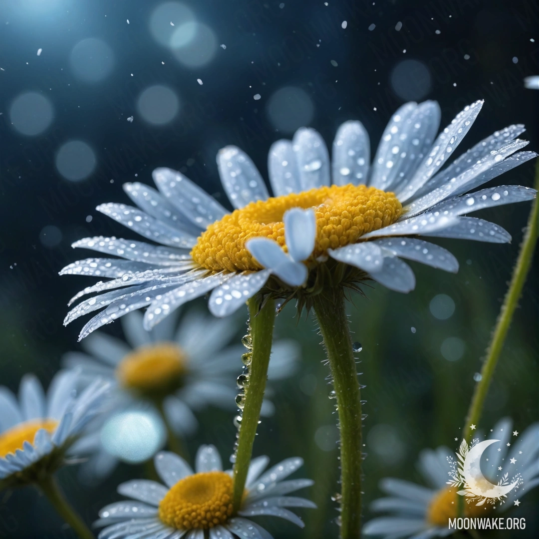 A digital painting of sweet chamomile flowers adorned with dew drops at night, shimmering with glitter under a blue sky.