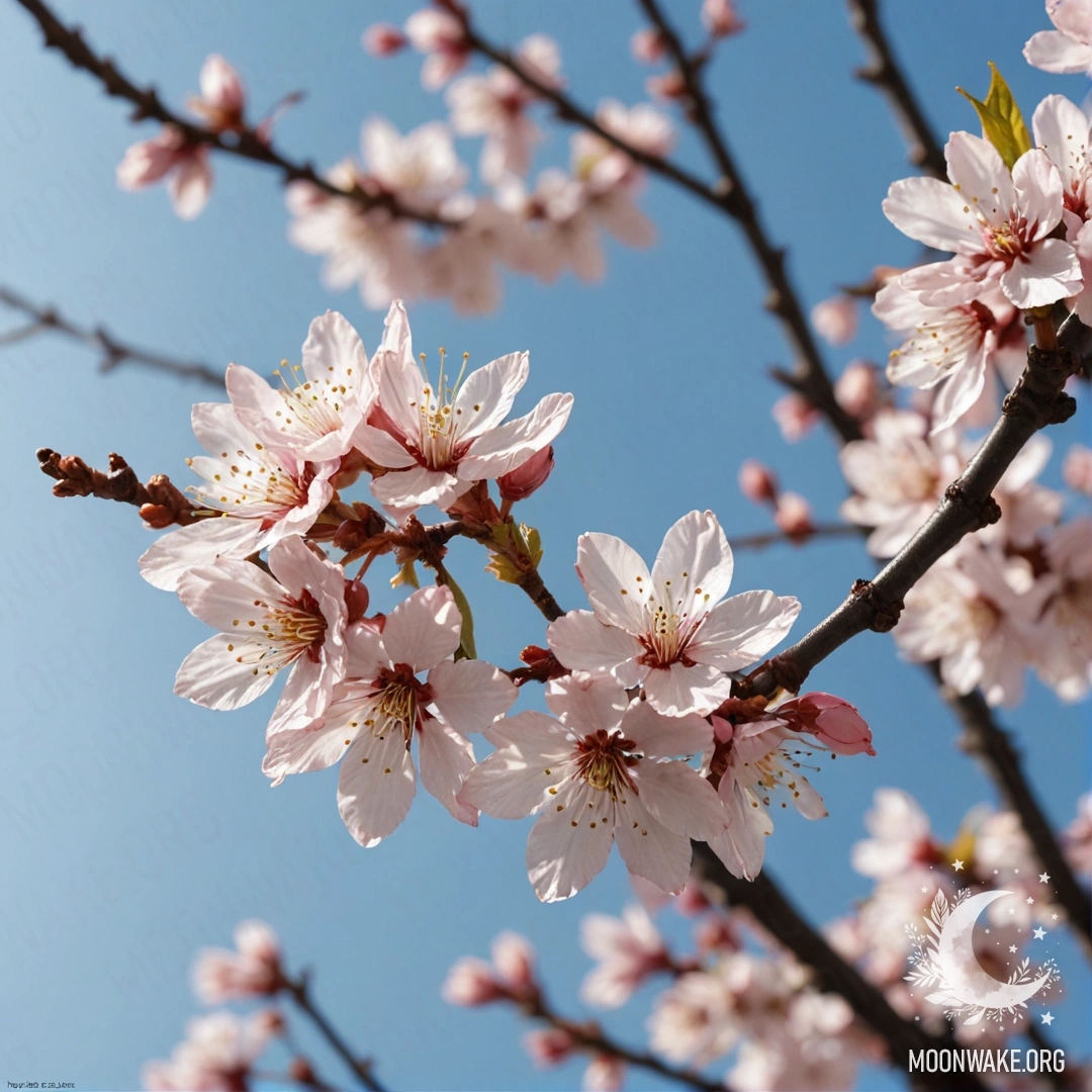 A delicate cherry blossom with soft pastel hues and a web, illuminated by sunny rays.