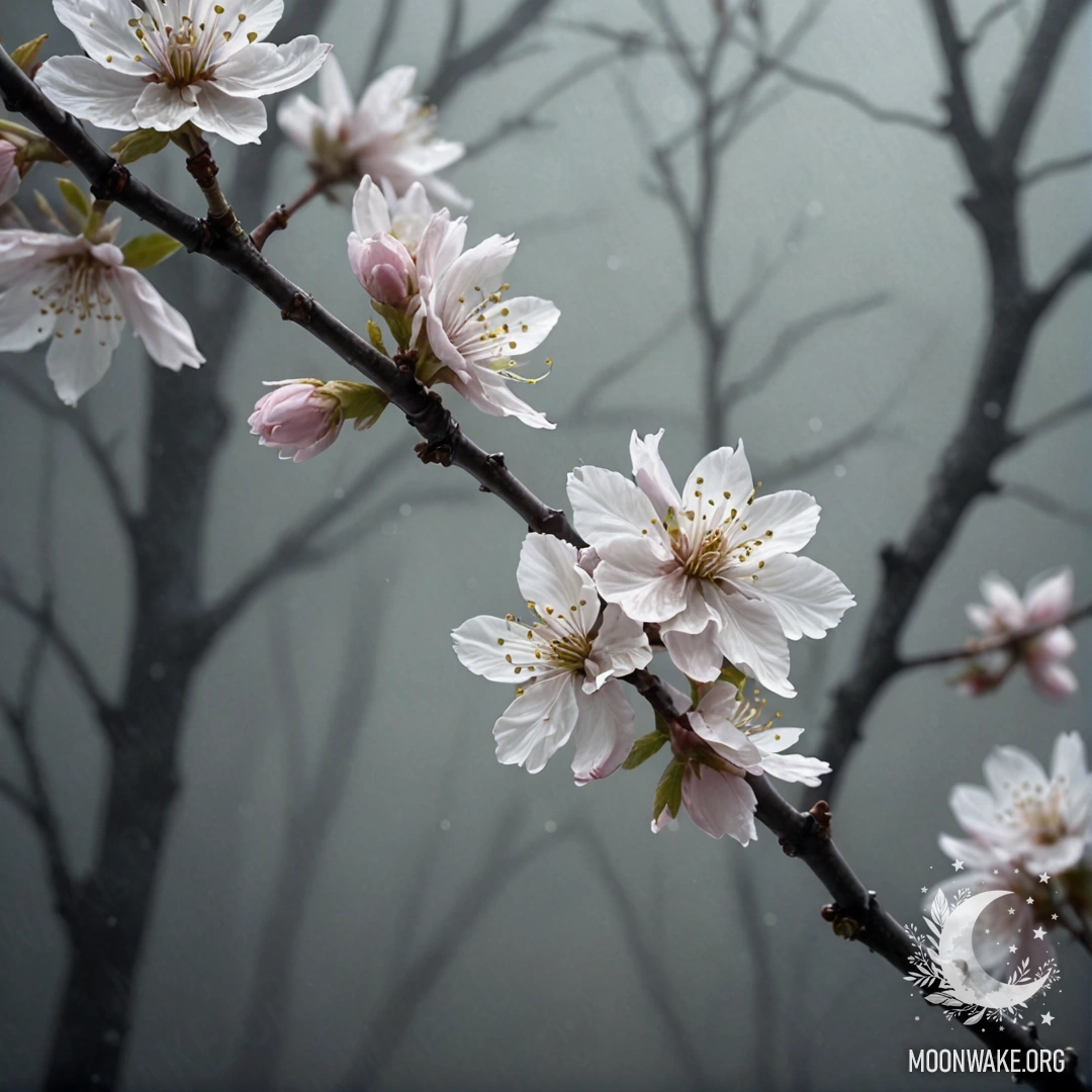 Delicate cherry blossoms surrounded by mist at night, painted in sage colors.