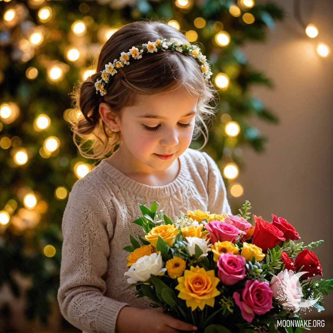 A child smelling a bouquet of flowers surrounded by garland lights.