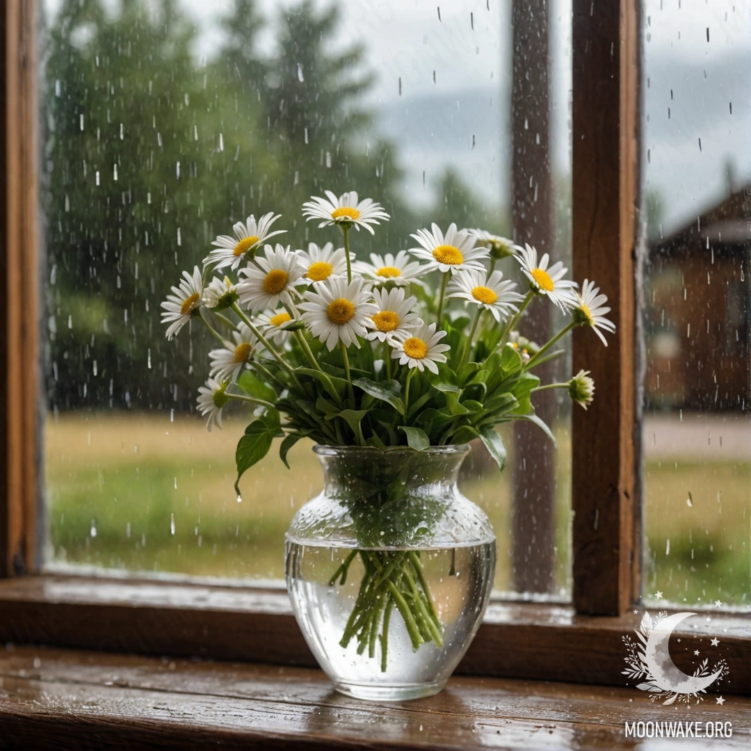A glass vase holding daisies sits on a wooden vintage windowsill, with rain falling softly around it.