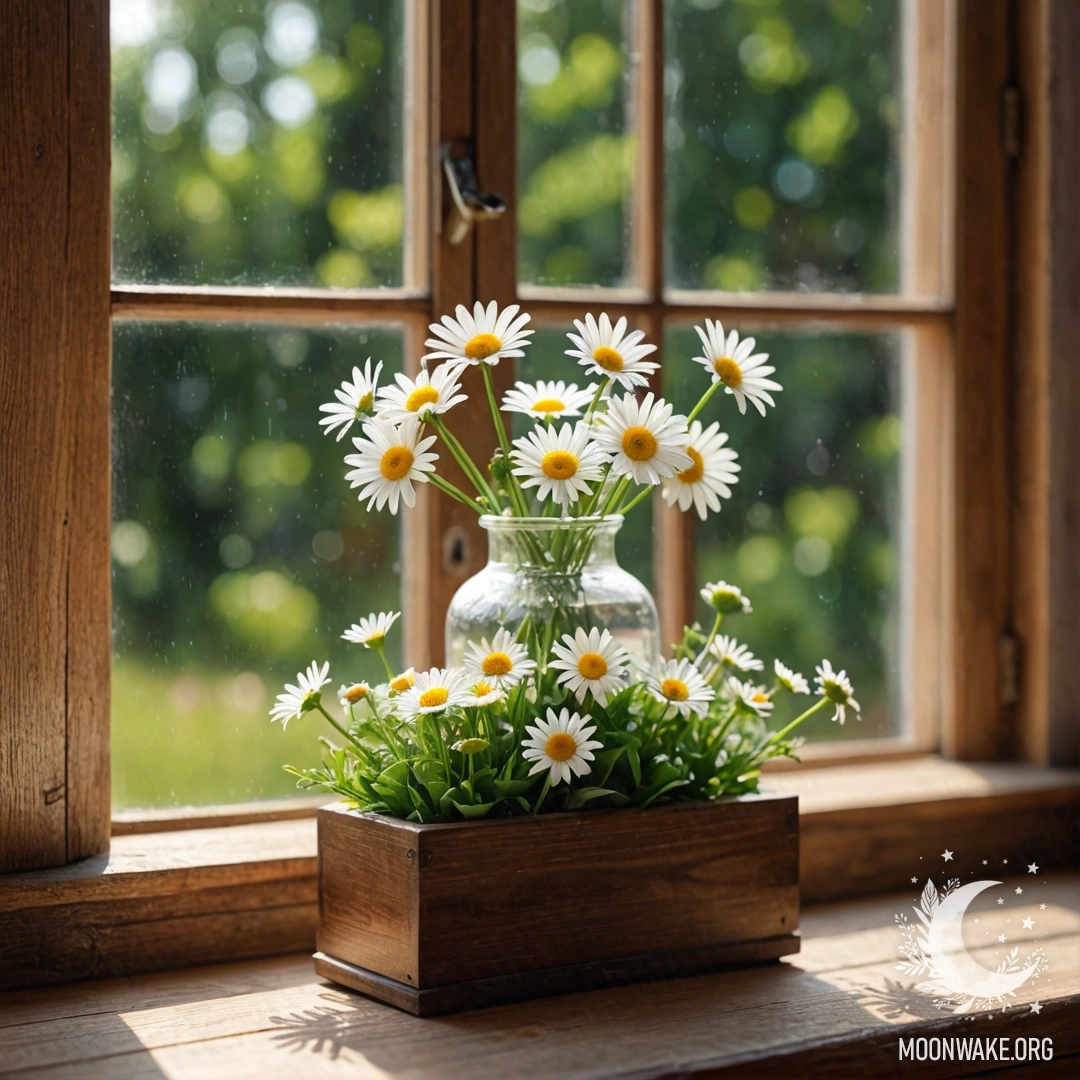 A glass vase filled with daisies on a wooden vintage windowsill, illuminated by garland lights.