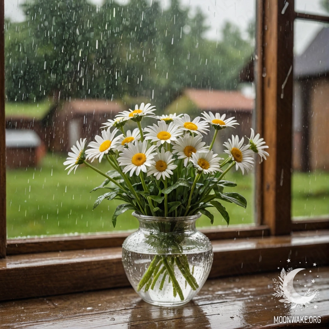 A glass vase with daisies placed on a wooden vintage windowsill under the rain.