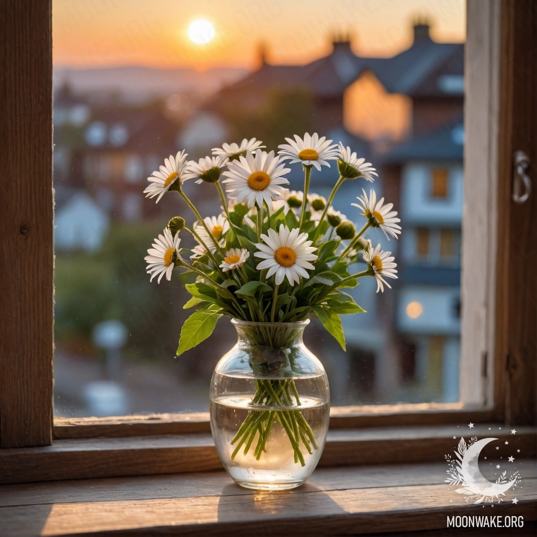 A glass vase filled with daisies sits on a wooden vintage windowsill during sunset.