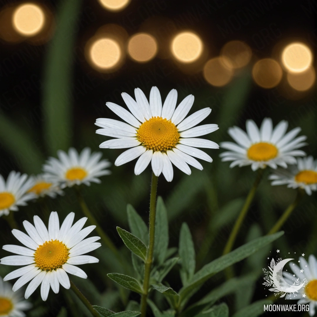 A delicate daisy adorned with a web against a night backdrop.