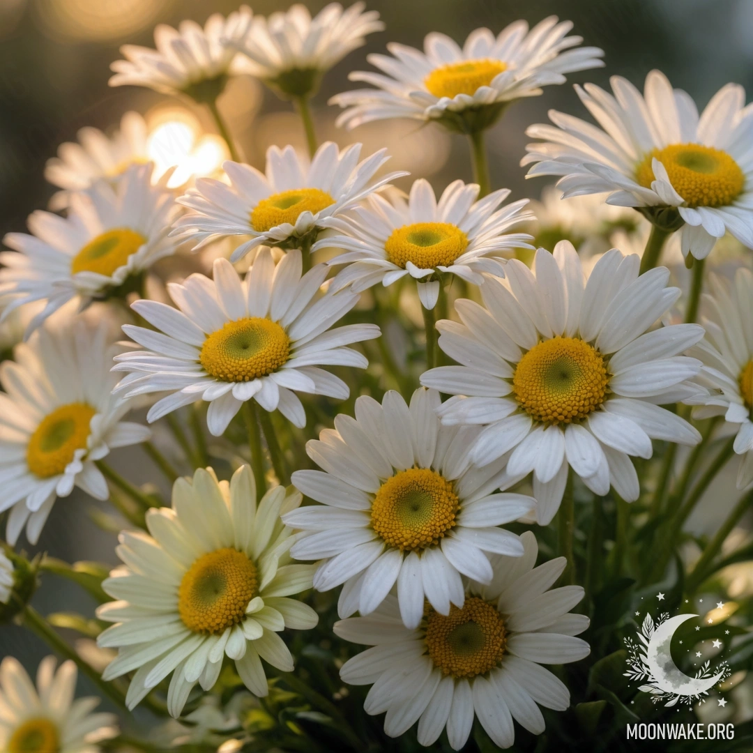 A bouquet of sweet daisies in lime color against a sunset backdrop.