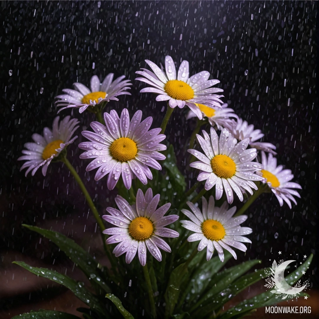 A delicate bouquet of purple daisies drenched in rain at night.